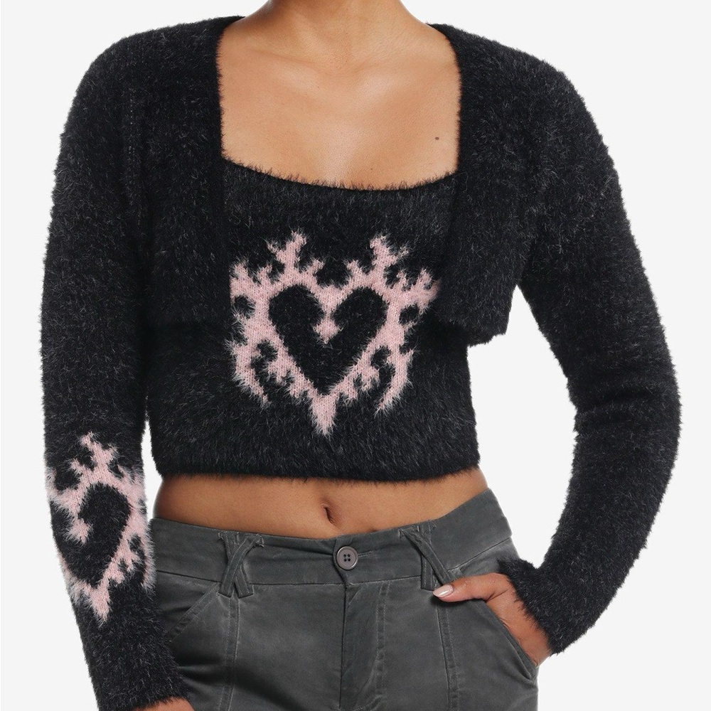 Hot Topic Social Collision fuzzy heart cropped cardigan sweater